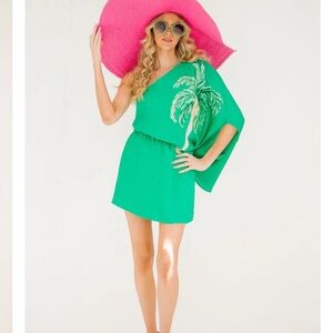 Green One-Shoulder Palm Print Swim Cover-Up Dress